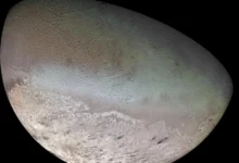 Triton, in a mosaic of images taken in 1989 by Voyager 2, is Neptune's largest moon. NASA/JPL/USGS