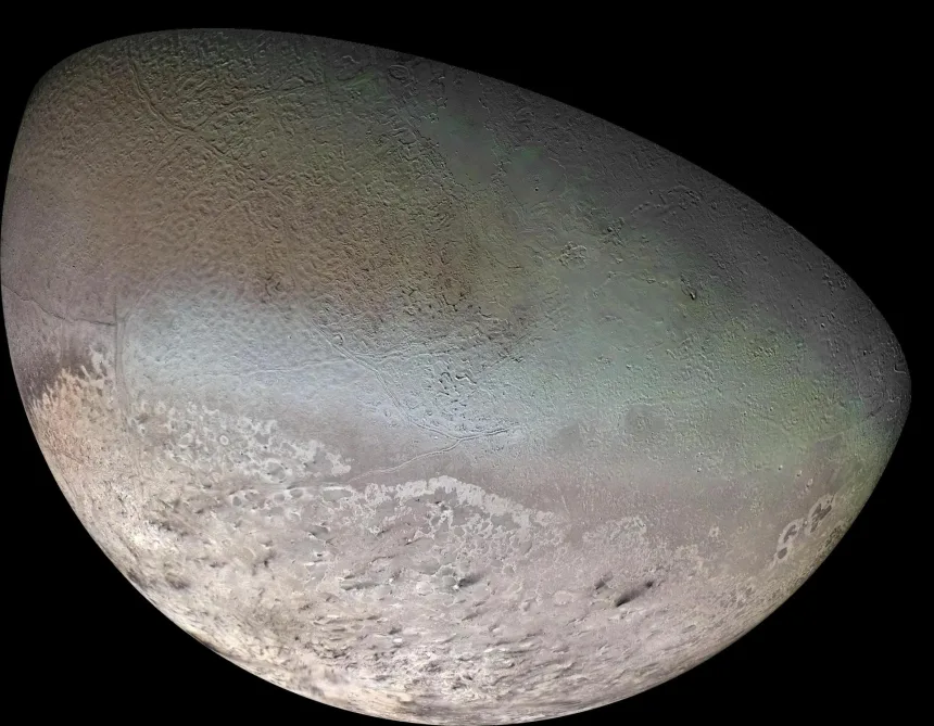 Triton, in a mosaic of images taken in 1989 by Voyager 2, is Neptune's largest moon. NASA/JPL/USGS